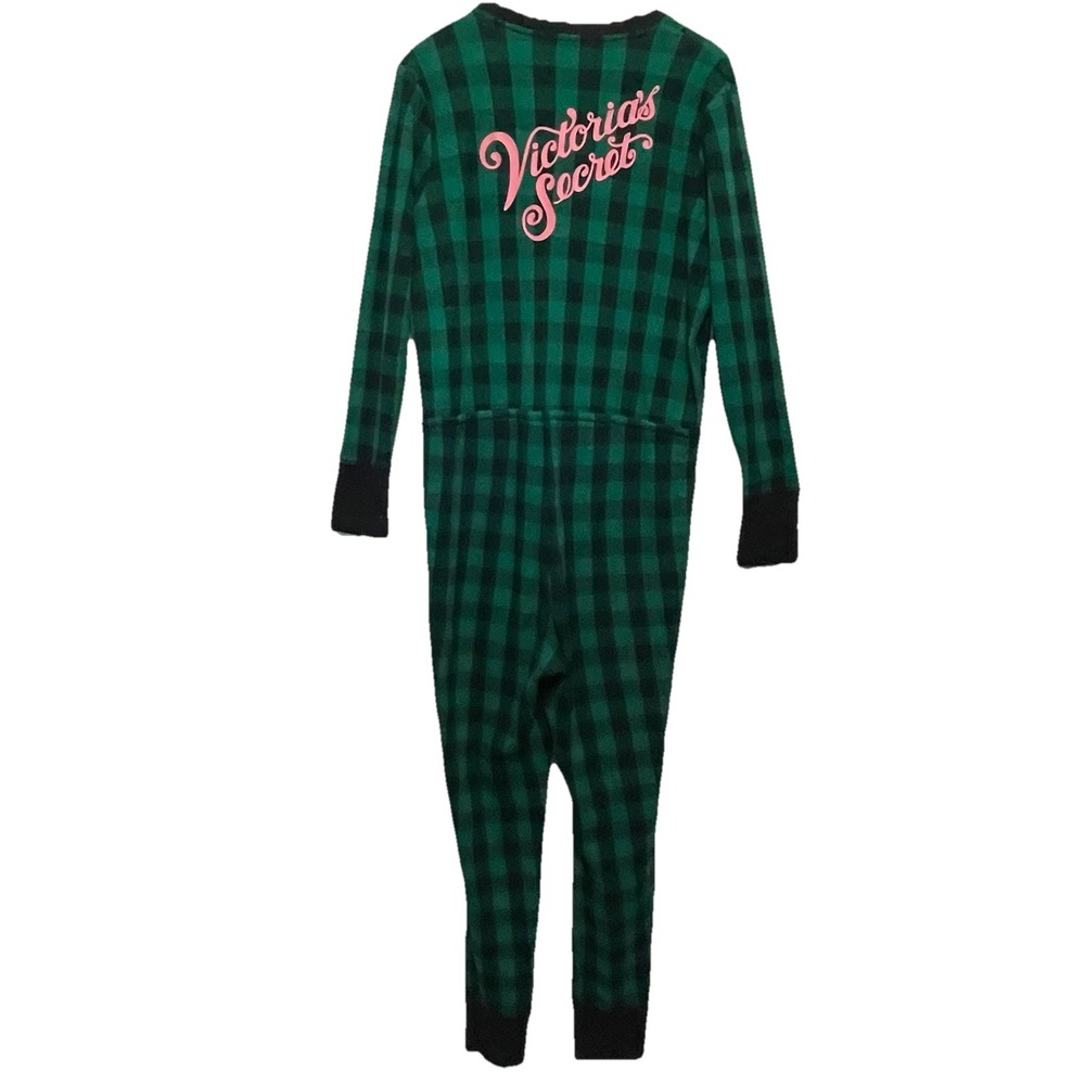 Victoria's Secret Pajama Romper Women L Green Black Buffalo Plaid Thermal Logo